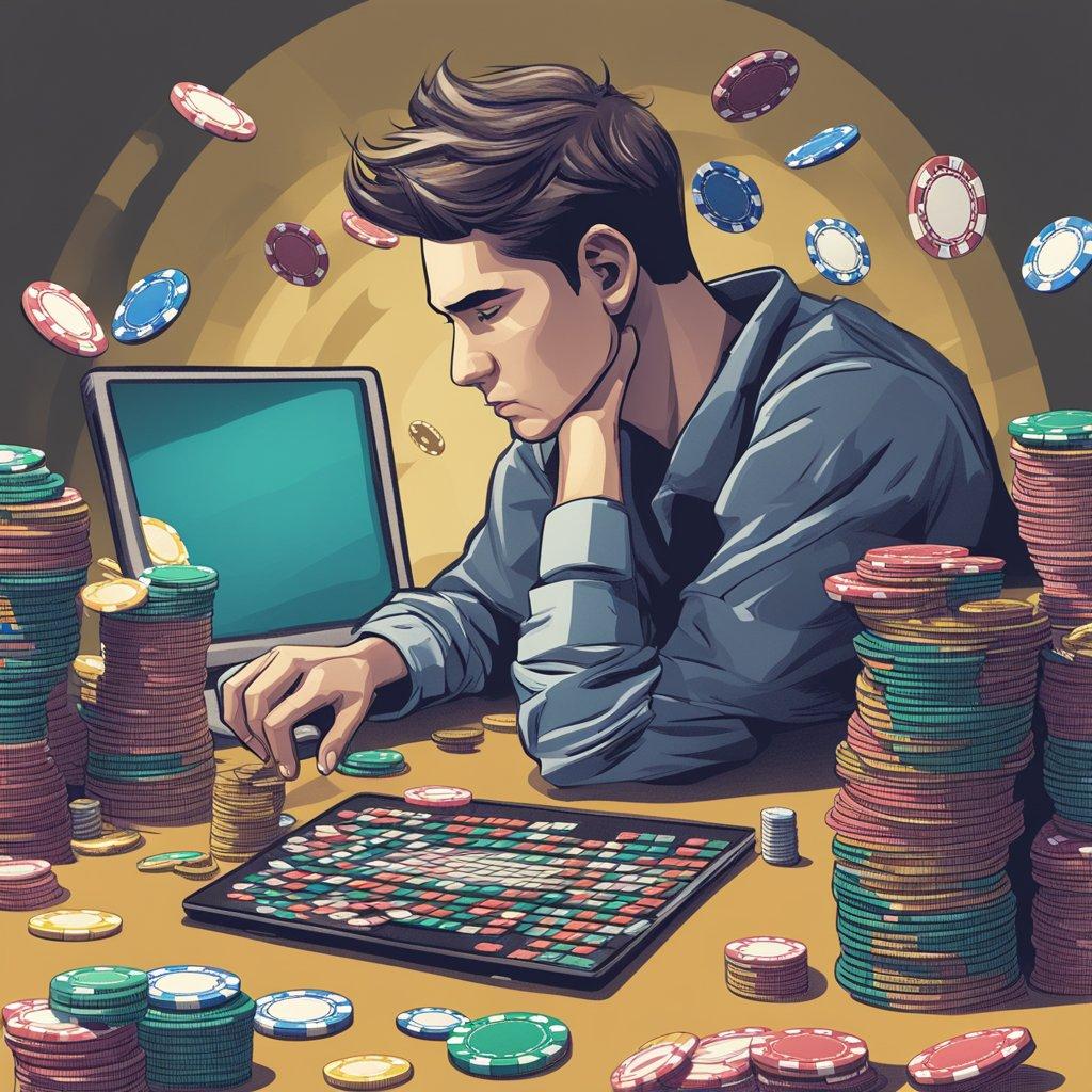 A person sitting at a computer, surrounded by stacks of gambling chips and cards, with a look of distress on their face