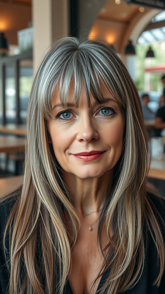 A woman with long textured hair and bangs, showcasing a modern and stylish look.