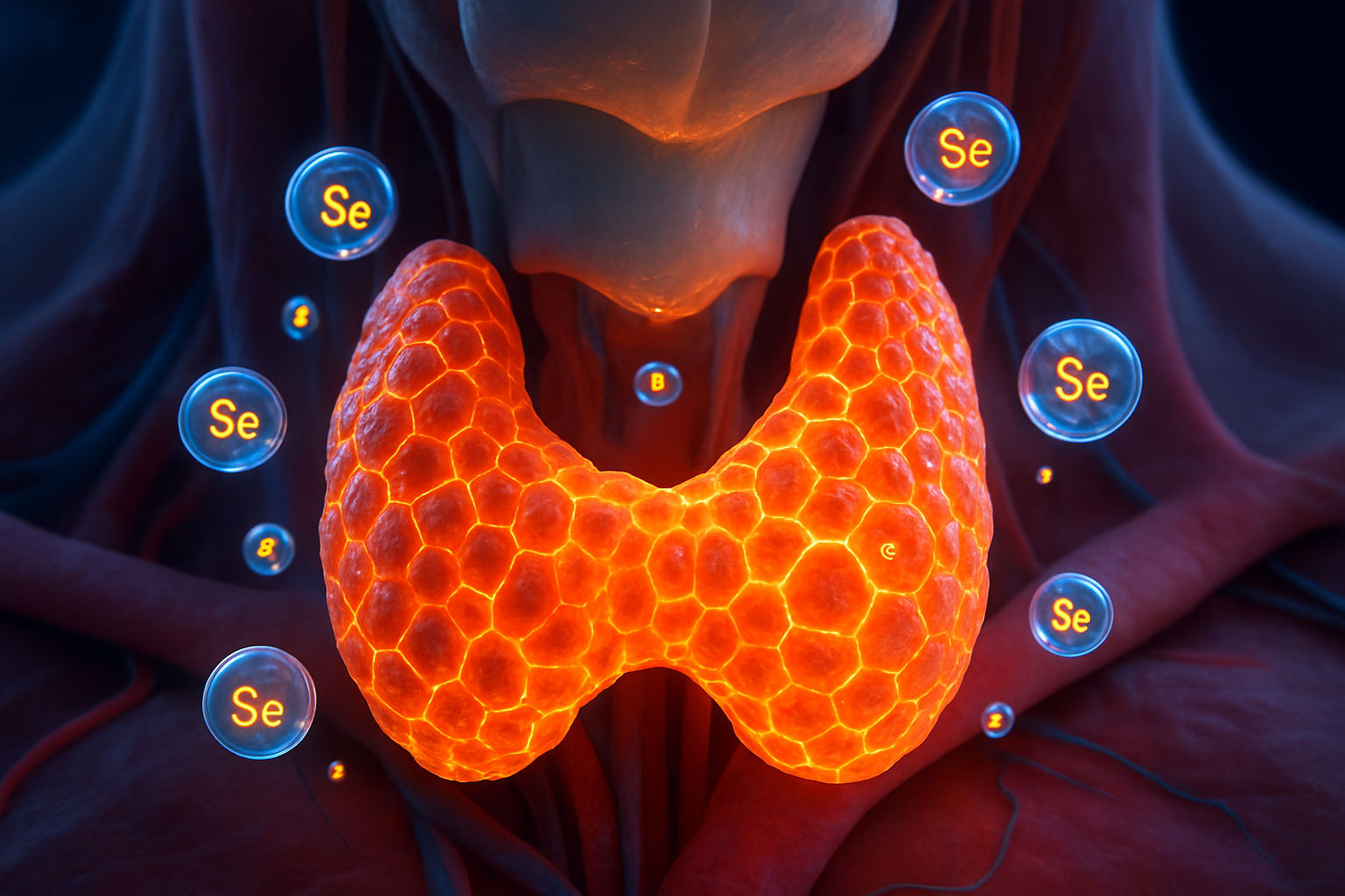 A photorealistic shot capturing a close-up of the thyroid gland with a visual representation of selenium molecules interacting with thyroid cells, highlighting their role in hormone production and thyroid health, featuring scientifically accurate anatomical details and vibrant colors representing cellular activity, styled to convey both the importance of selenium and the complexity of thyroid function.