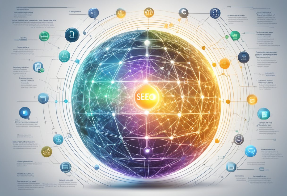 A glowing orb surrounded by interconnected web of keywords and related concepts, emanating a powerful SEO energy