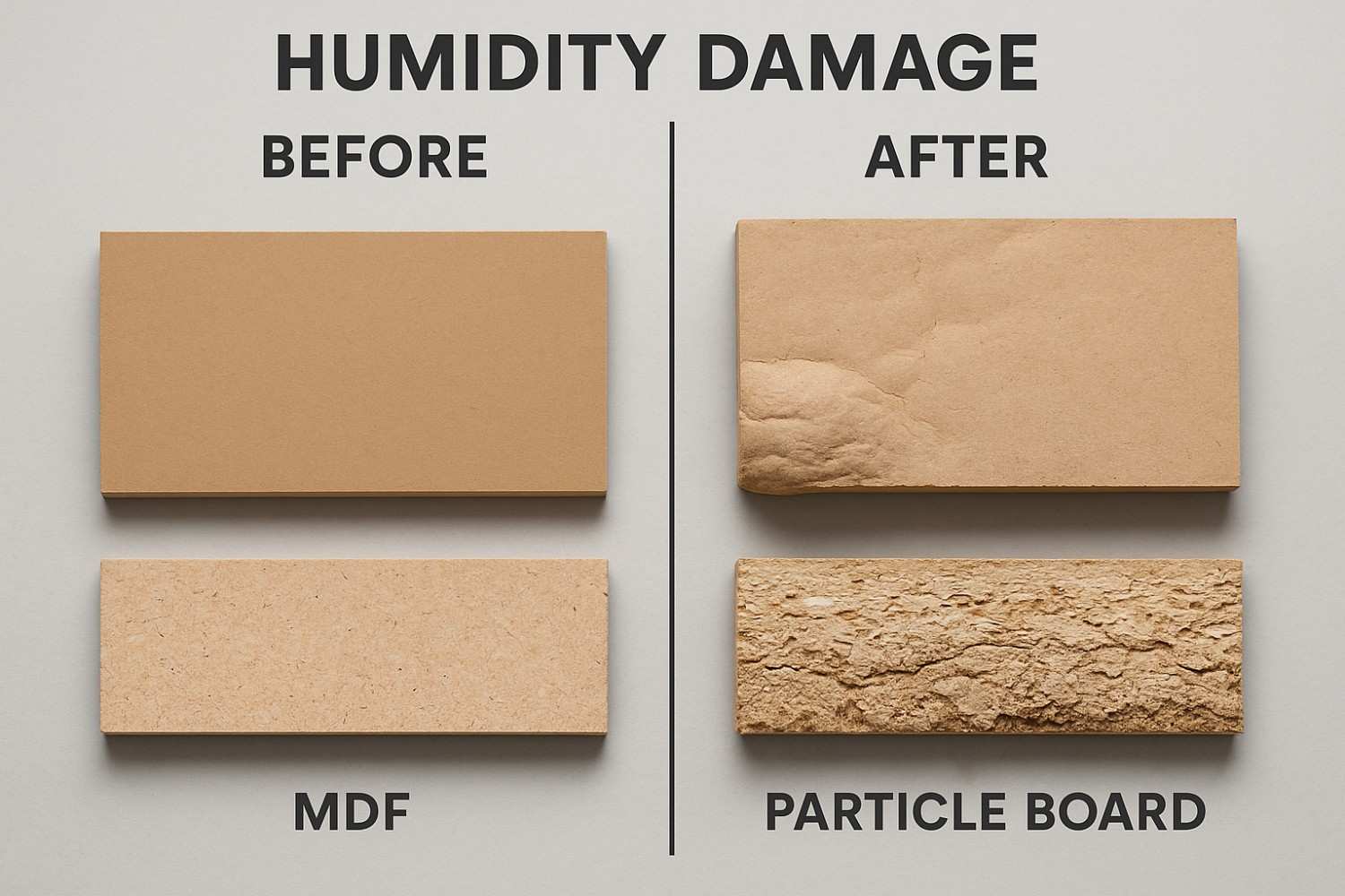 Comparison showing humidity effects on MDF versus particle board in Bangalore homes