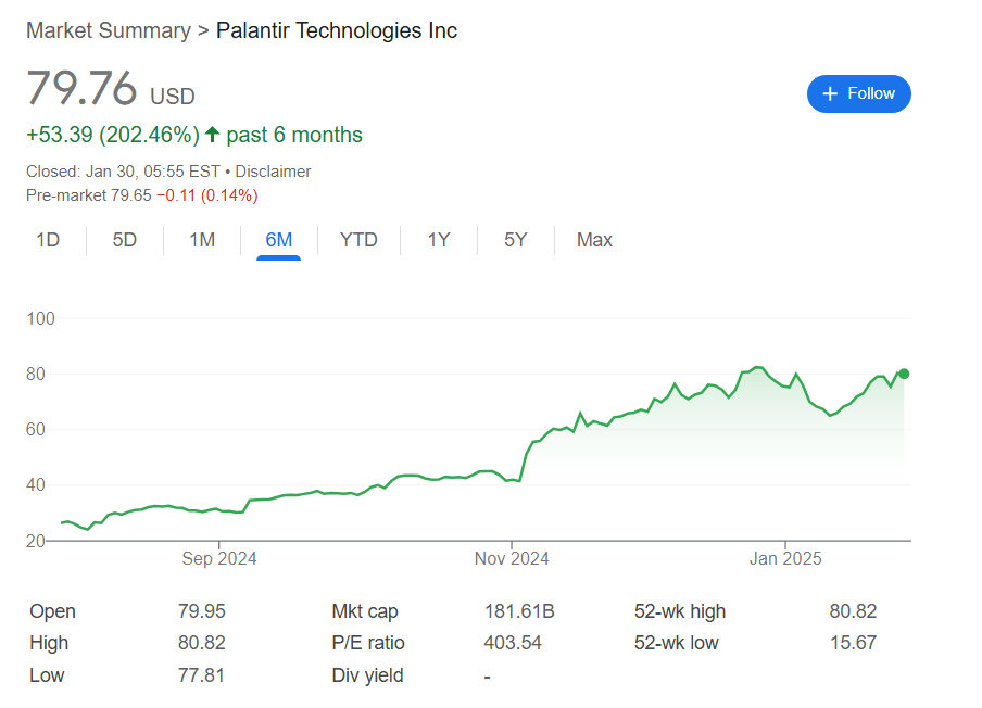 Palantir's performance in the stock market in the last 6 months