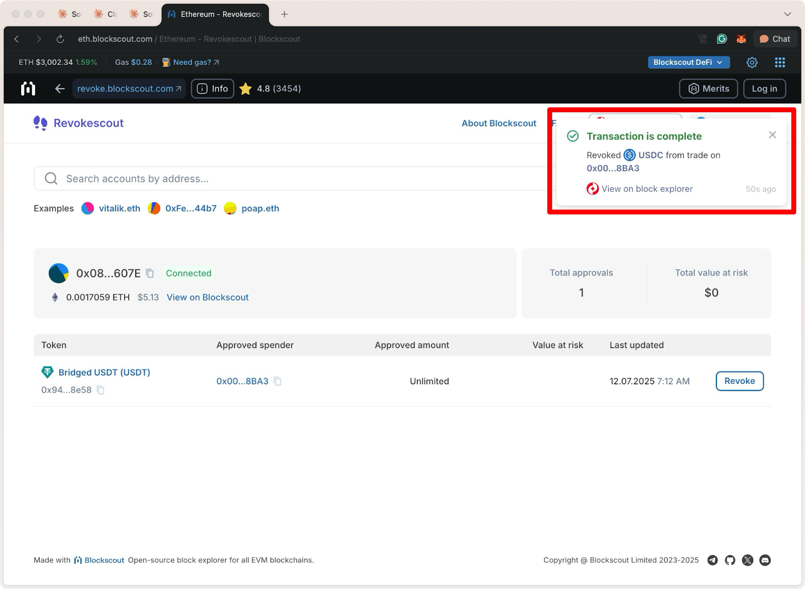 Revokescout confirmation screen showing successful USDC token approval revocation, wallet connected, and updated risk dashboard with zero value at risk.