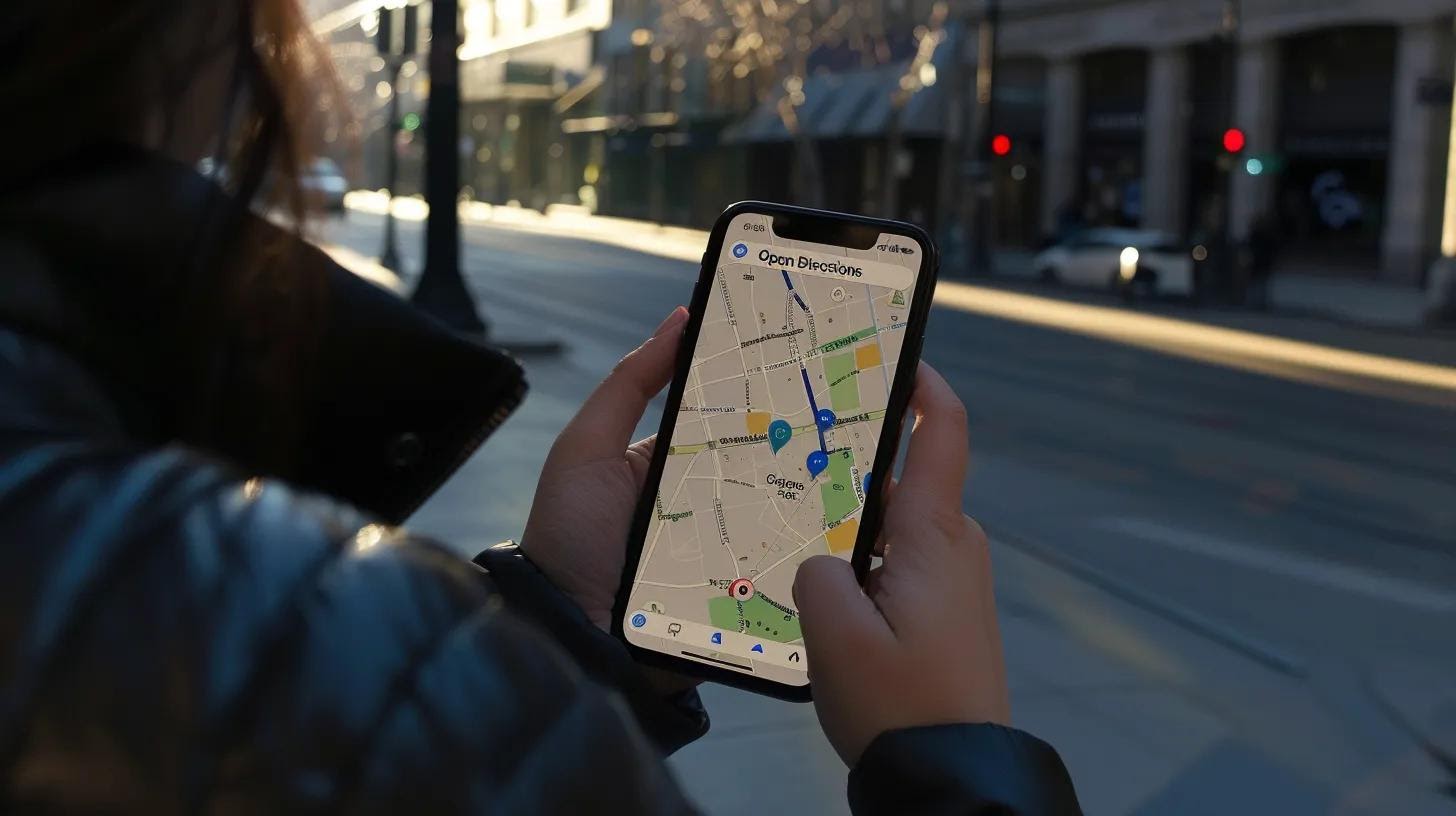 A user holding a phone with a map view open, showing Potrero search results for nearby businesses, with pins, “Open now,” and “Directions” buttons emphasized.