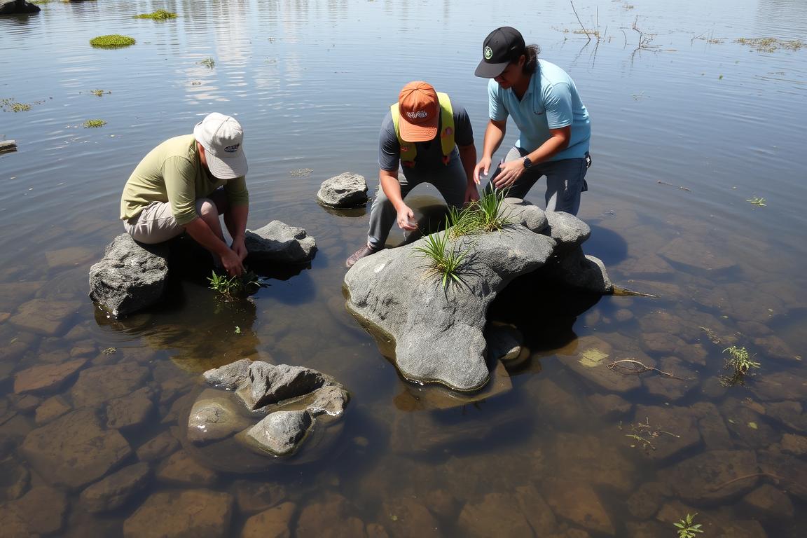 Conservation efforts showing artificial shelters being built for axolotls in Lake Xochimilco