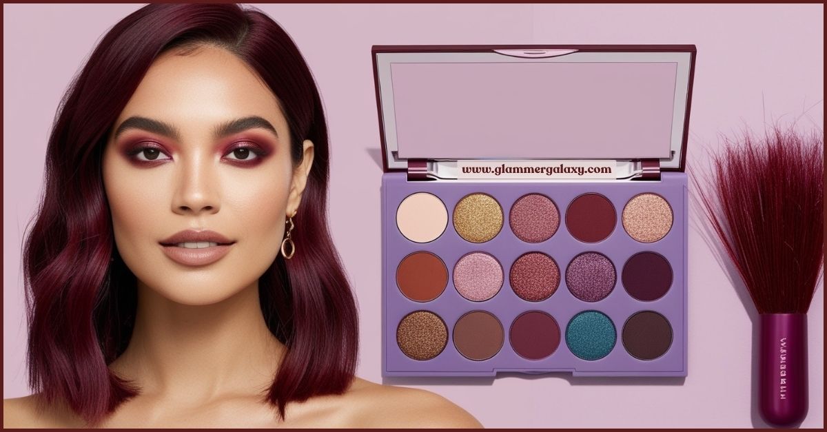 eyeshadow palette, brush, and obscured individual with burgundy hair.