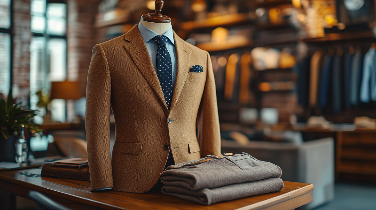 A brown suit neatly folded on a desk, the fabric radiating warmth and approachability. The office has a relaxed, modern atmosphere with soft lighting and natural wood accents, adding a personal touch to the professional setting.