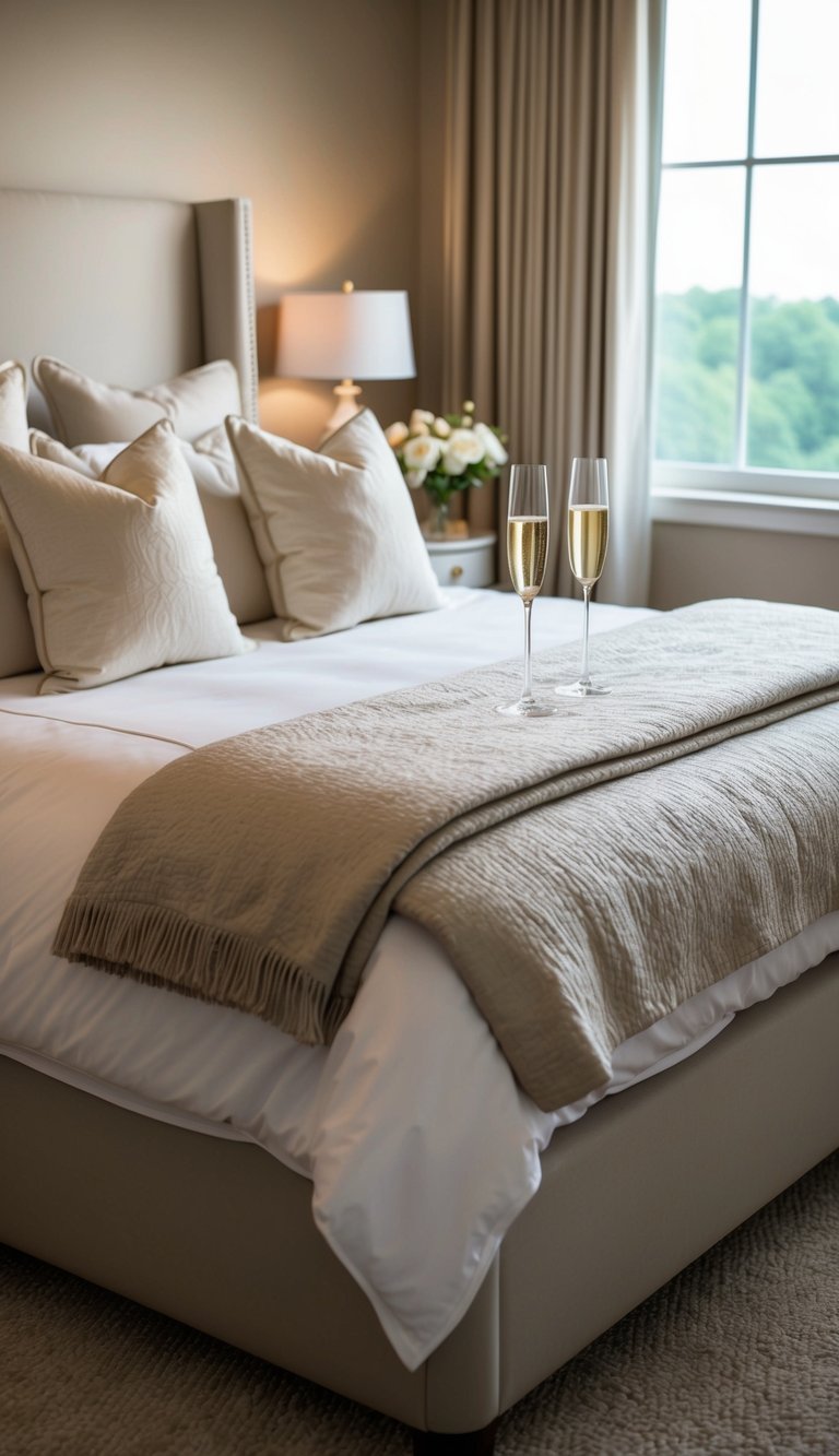 A cozy master bedroom with soft lighting, a plush bed adorned with elegant linens, and a pair of champagne flutes on a bedside table