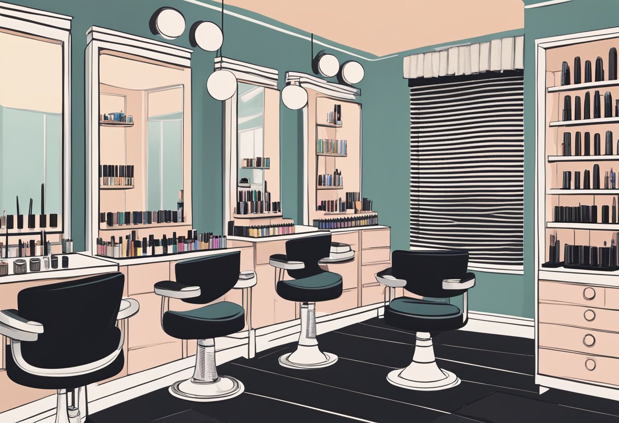 A display of vintage mascara tubes and modern lash extension tools in a sleek, well-lit beauty salon in Hackensack, New Jersey