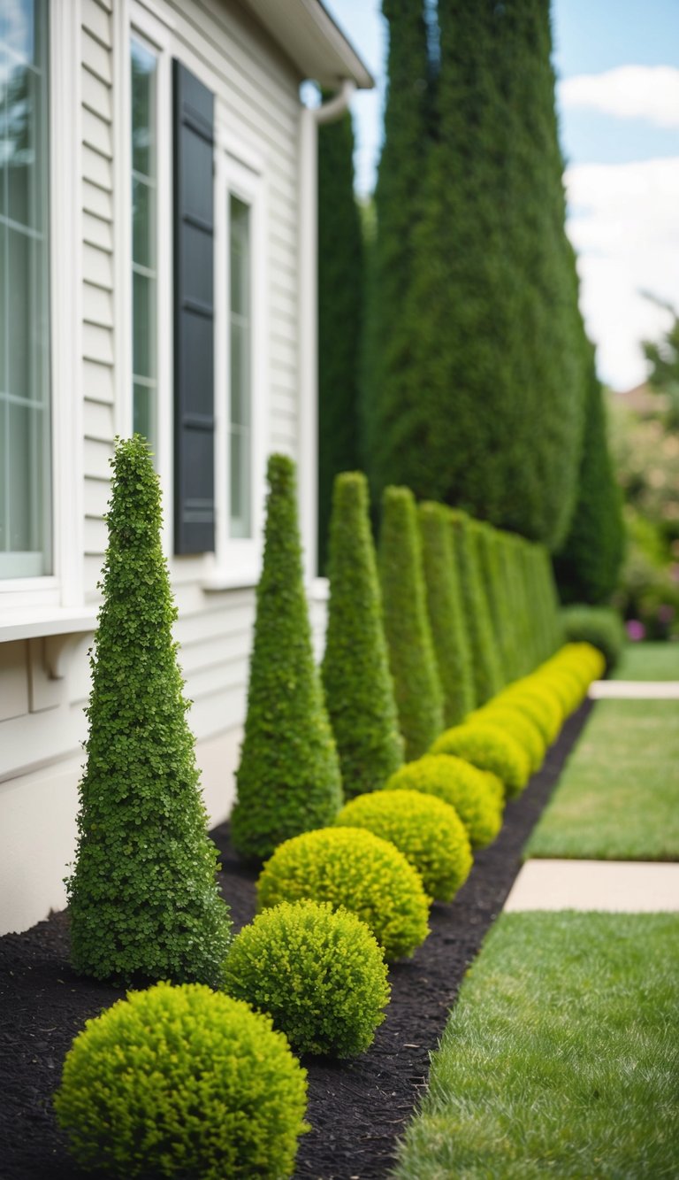 A neatly trimmed topiary border lines the side of a house, creating a picturesque and organized landscaping feature