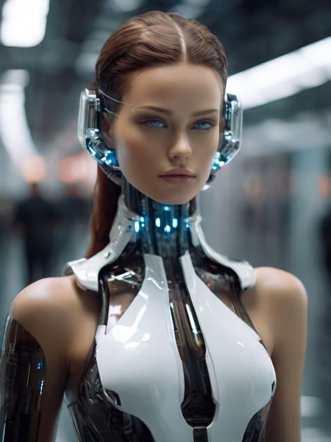 This contains: ai generated image of beautiful artificial intelligence humanoid in white and glass attire with beautiful eyes and hairs