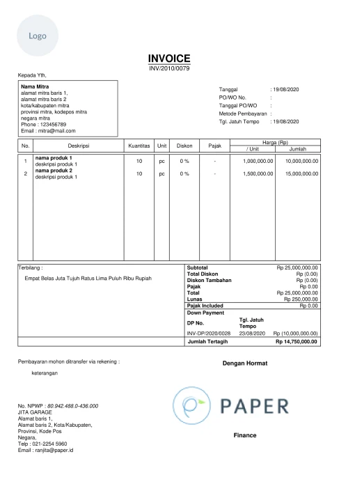 Contoh invoice format Excel