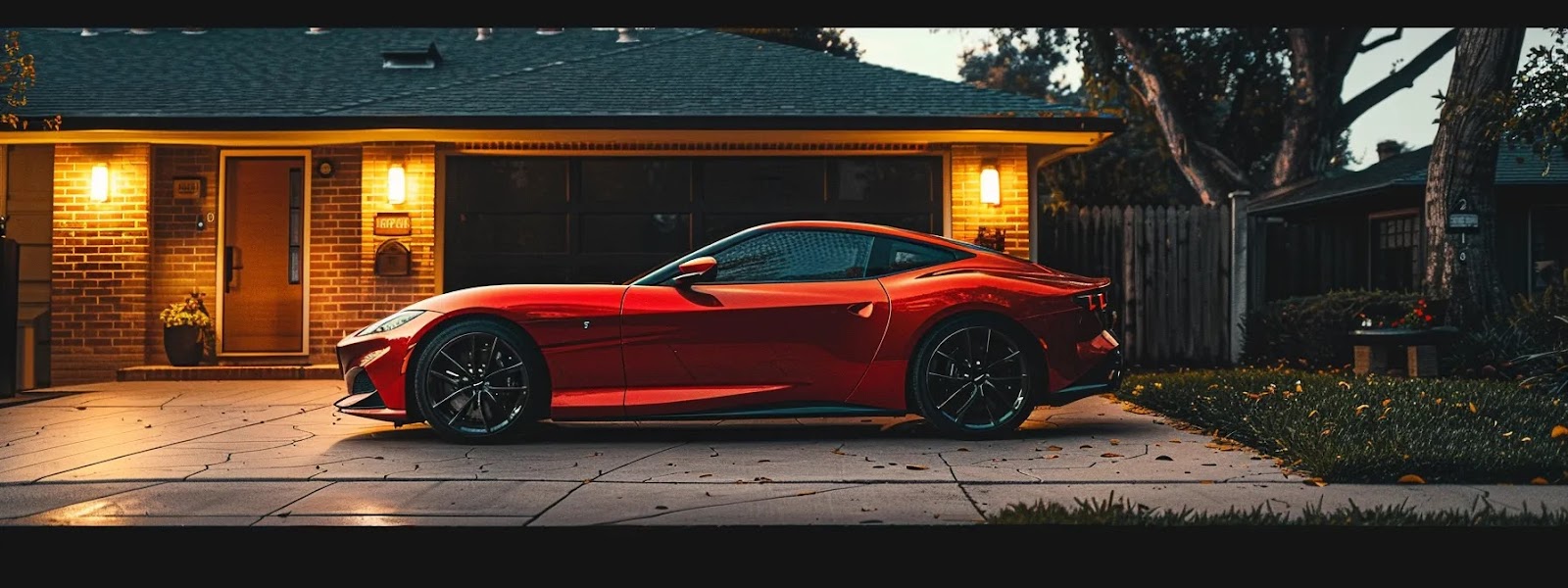 a sleek, red sports car parked in front of a suburban oklahoma home, symbolizing the importance of standard car insurance coverage in the state.