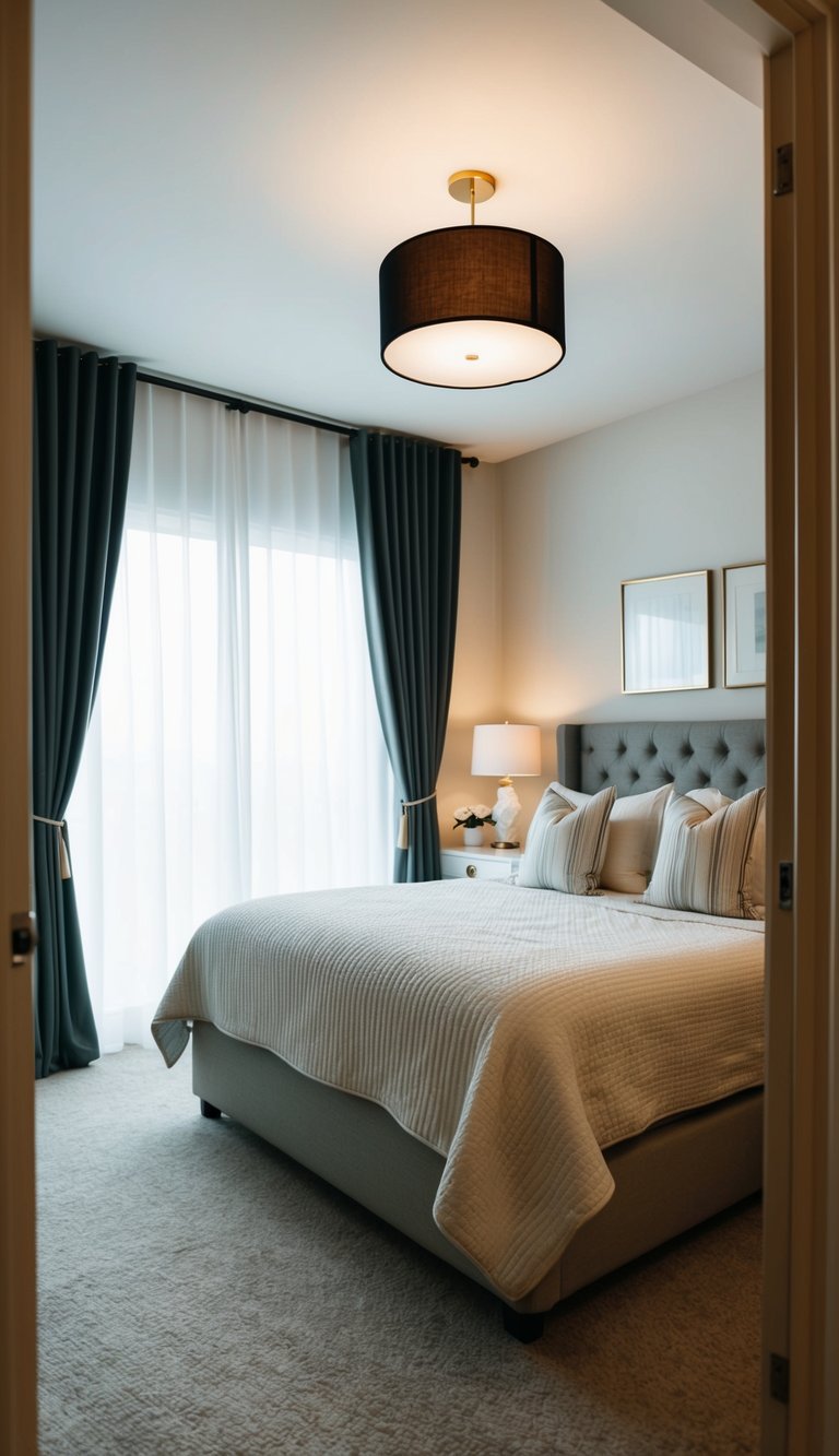 A cozy guest bedroom with blackout curtains, a plush bed, and soft lighting