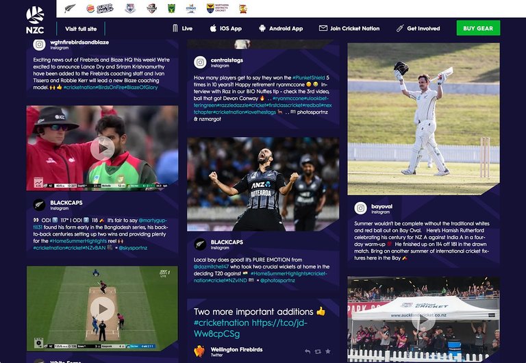 Social wall embedded on the New Zealand National Cricket team website