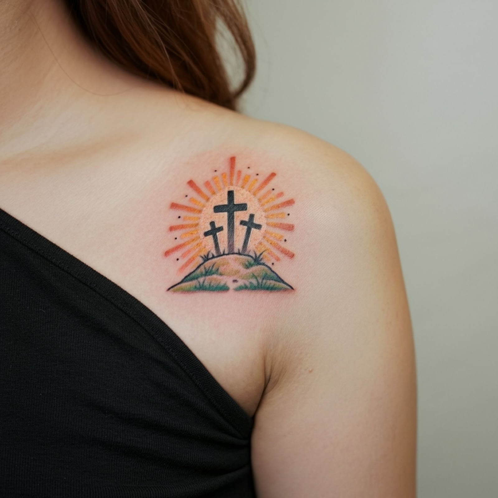 Three Crosses on Hill with Rays of Sunlight Tattoo