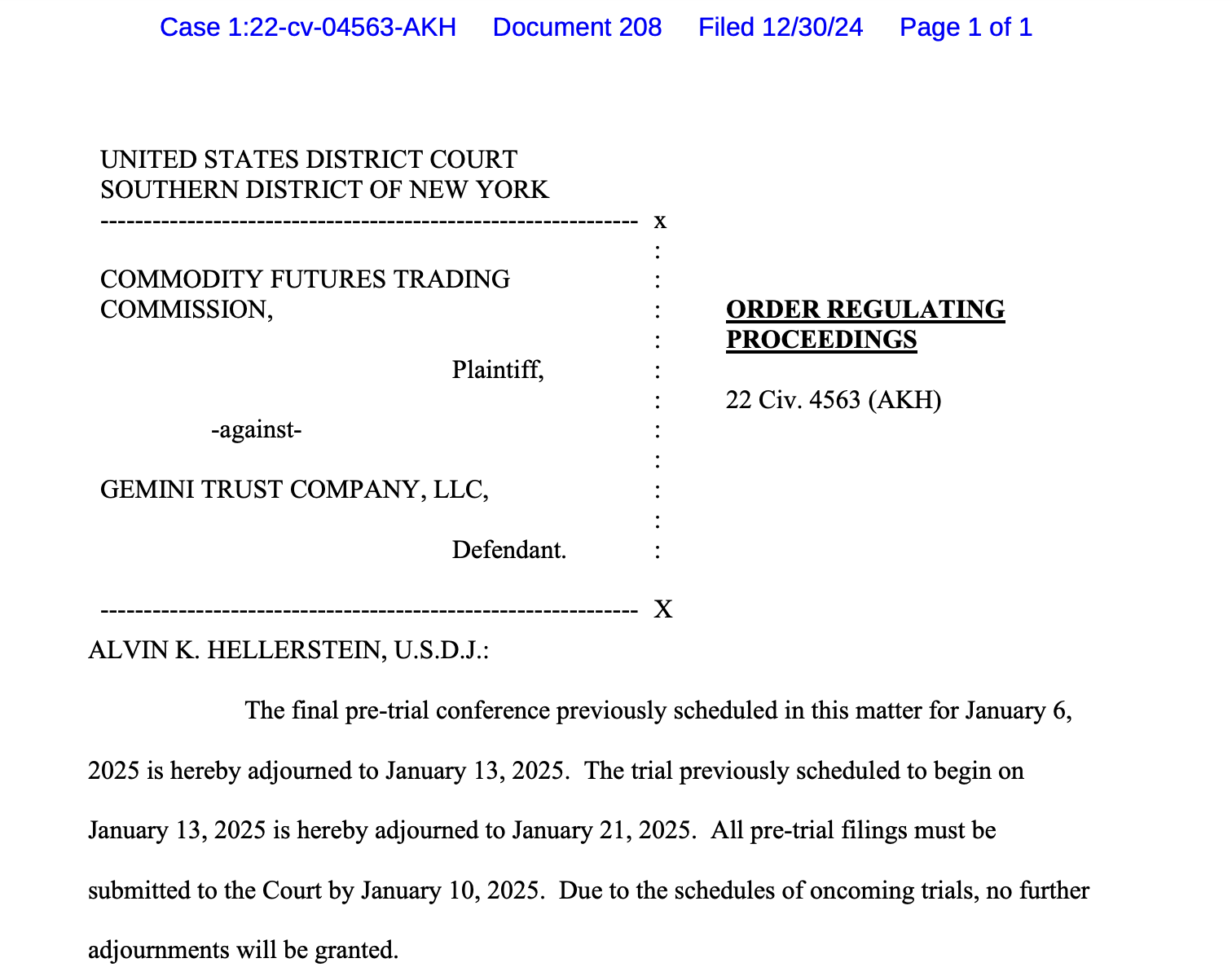 Gemini Trust Co Order Regulating Proceedings