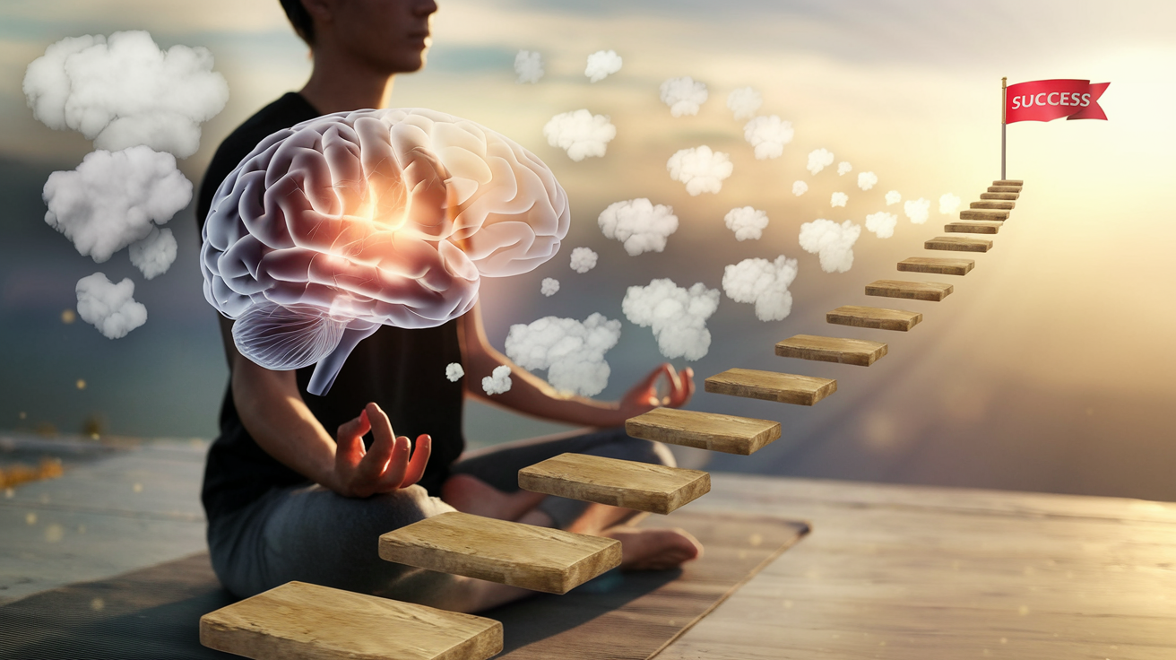 Create a realistic image of a person sitting in meditation pose with visible neural pathways lighting up inside a transparent brain overlay, surrounded by positive thought bubbles transforming into stepping stones leading upward to a summit with a "Success" flag, set in a serene environment with soft, golden lighting creating an atmosphere of transformation and achievement.