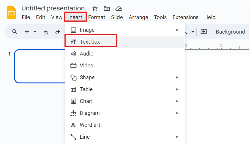 Google Slides Insert menu showing options to insert text boxes, audio, video, shapes, tables, charts, etc.