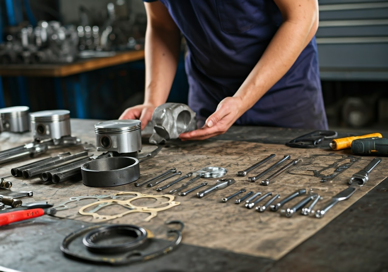 Mechanic examining diesel engine parts