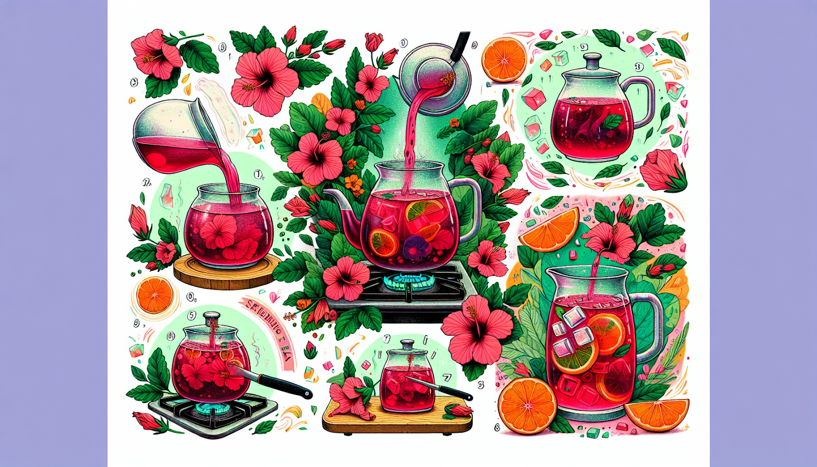 An illustrated step-by-step guide on how to make the perfect hibiscus iced tea.