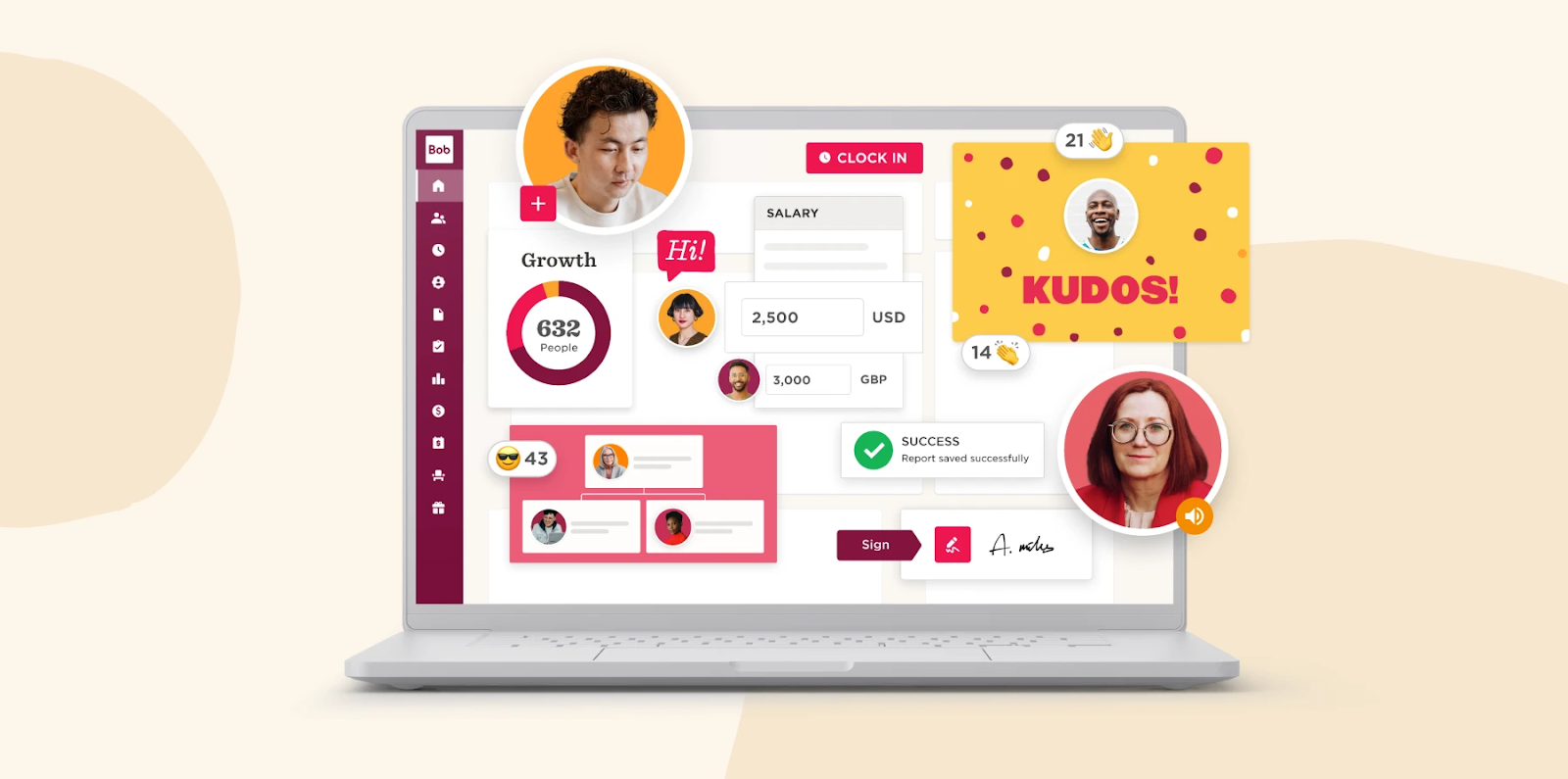 A colorful HR dashboard interface on a laptop screen showing employee statistics, salary details in USD and GBP, feedback messages, and profile photos. Elements include a “Kudos” card, a “Clock In” button, a growth counter showing 632 people, emoji reactions, and signature and success confirmation widgets.