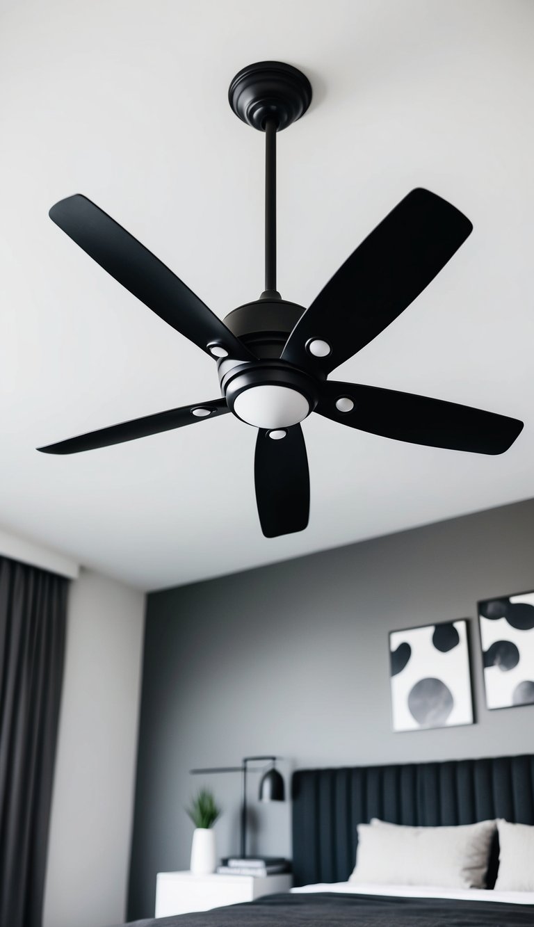 A sleek iron black ceiling fan hangs above a modern black and gray bedroom with minimalist decor