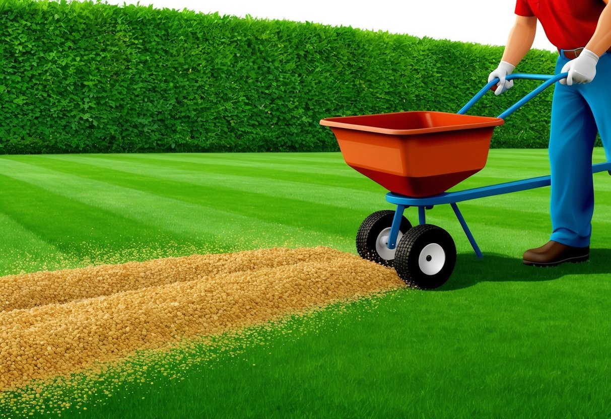 A gardener spreads granular fertilizer evenly across a lush green lawn, using a spreader to ensure thorough coverage