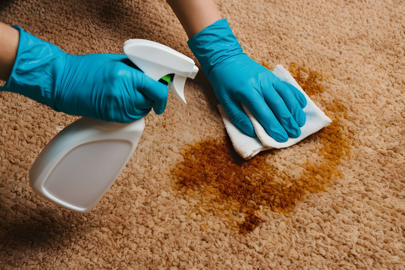Man removing chocolate stain from rug using directions in Prestige Carpet Cleaning's carpet and rug stain removal guide