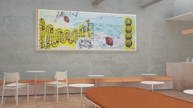 An artist's representation of the interiors at Blue Bottle Coffee in Gunma.