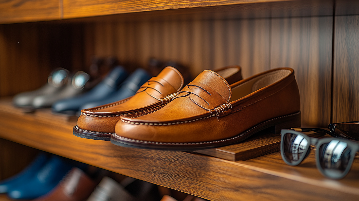 A pair of stylish tan leather loafers displayed on a wooden shoe rack inside a refined men's closet. The scene includes luxury accessories such as silk pocket squares, designer sunglasses, and leather wrist straps, adding to the polished yet relaxed atmosphere. Soft, natural lighting highlights the texture of the shoes, making them perfect for a smart-casual daytime event. Ultra-detailed, hyper-realistic, cinematic lighting, high-end fashion photography, elegant men's wardrobe aesthetic.