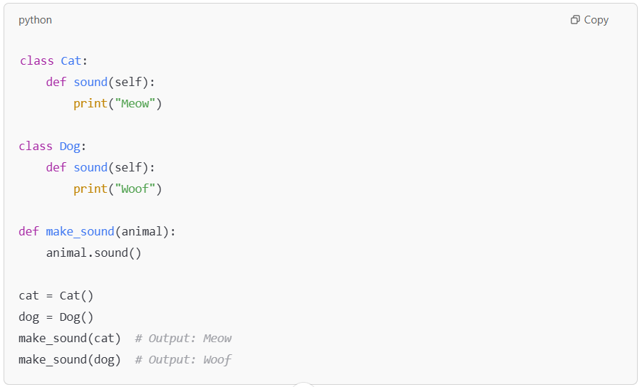  Example of polymorphism in Python with different animal sounds.