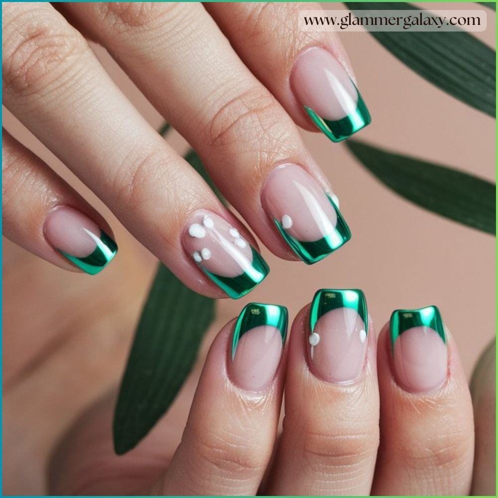 Close up of green fall nails Shining Bright with Chrome Frenchies