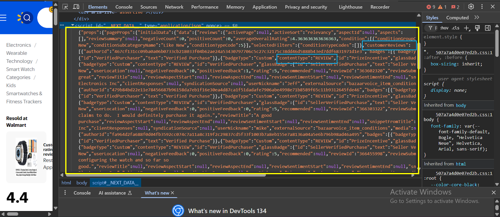 Using web development tools to find the review data