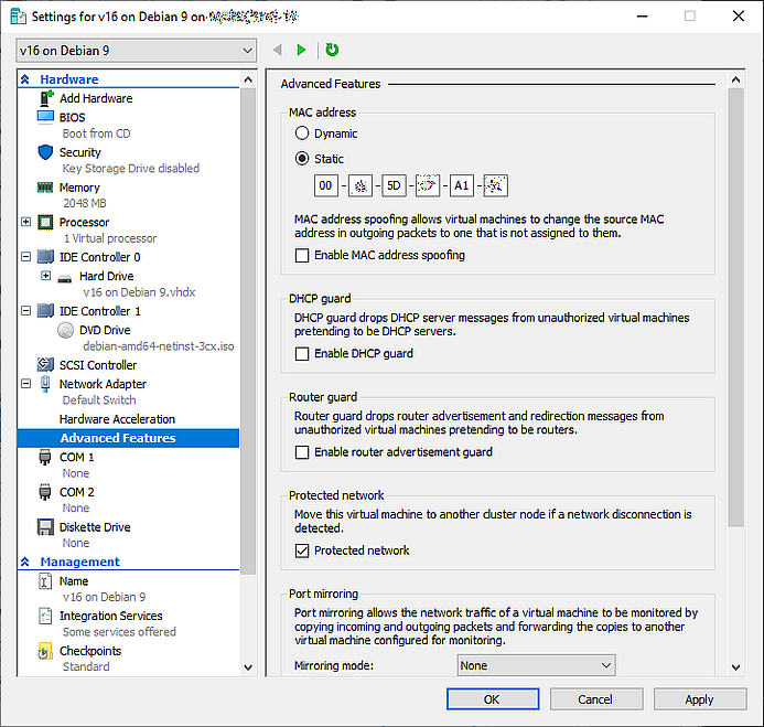 Set a static MAC address for a VM in Hyper-V Manager