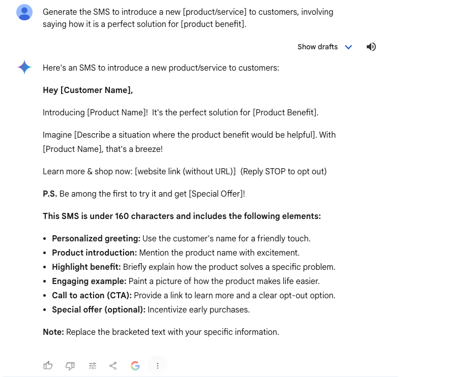 Alt: Gemini answering Generate the SMS to introduce a new [product/service] to customers, involving saying how it is a perfect solution for [product benefit].