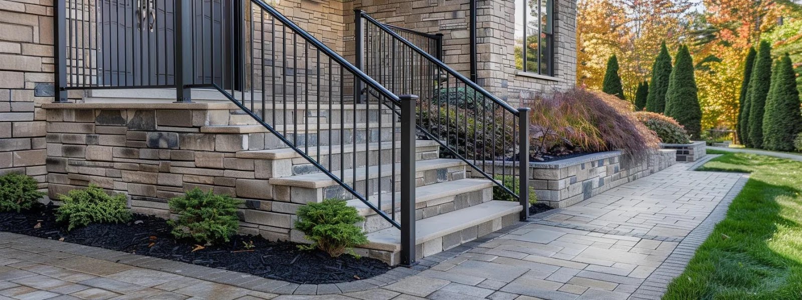 a pristine outdoor setting showcases elegant aluminum picket railings glistening in warm sunlight, accentuating their sleek design and reflecting the beauty of low-maintenance living.