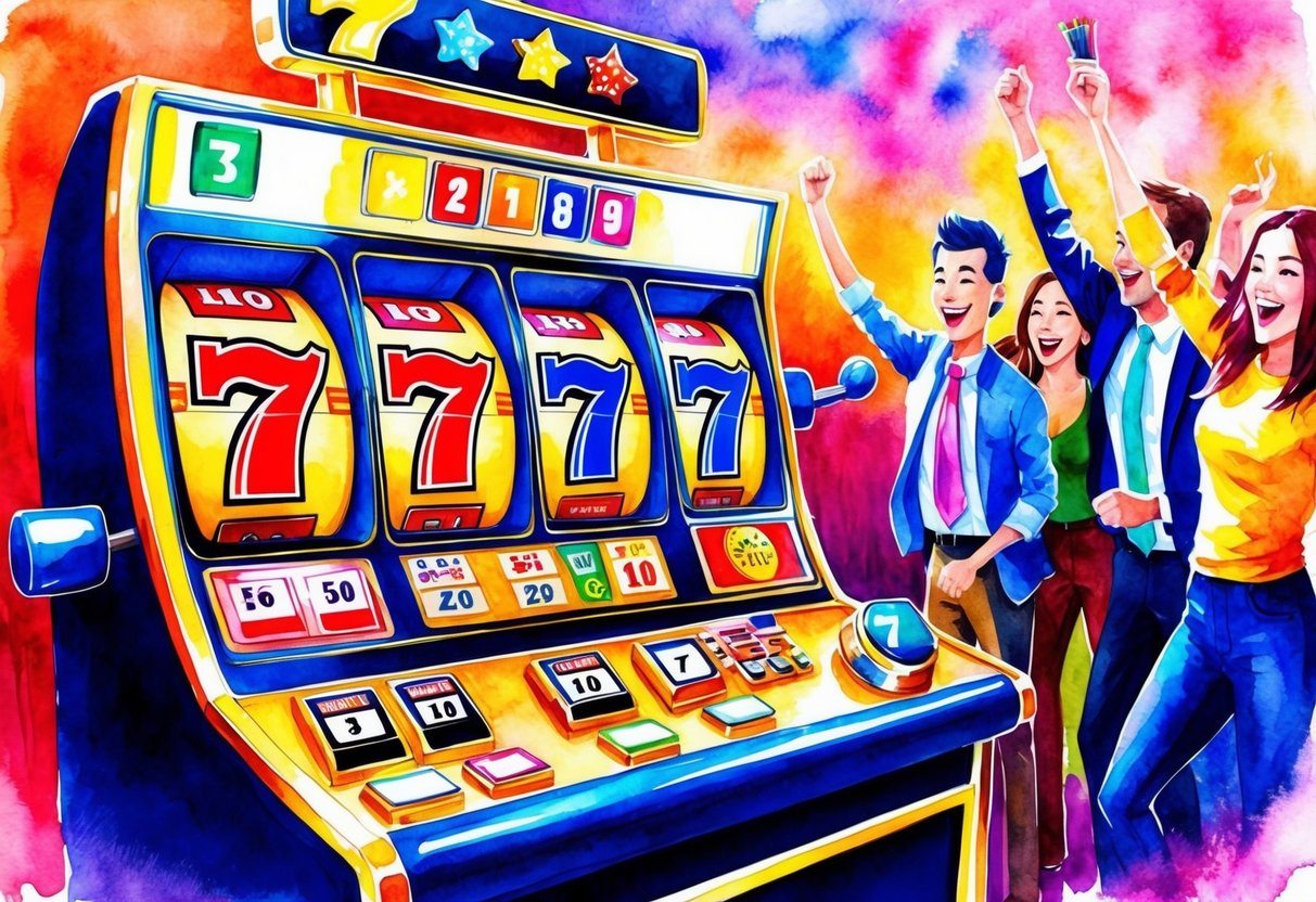 Bright, flashing slot machine with three 7s lined up, surrounded by colorful graphics and symbols. Excited players celebrating nearby