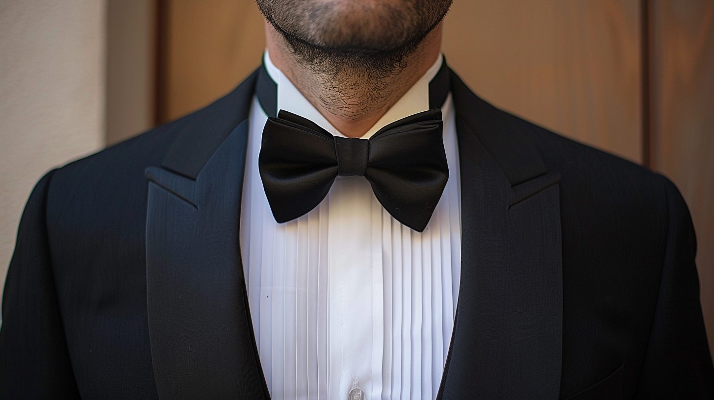 Man wearing a white tuxedo shirt with vertical pleats on the front, black bow tie, under a black tuxedo with satin lapels, styled for a traditional black-tie event.