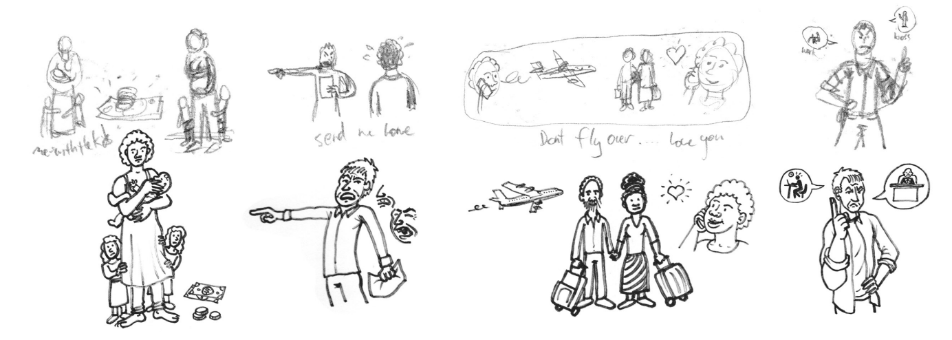 Various rough thumbnails across the top and below each of them is the rough sketch with thicker visible lines and clearer images