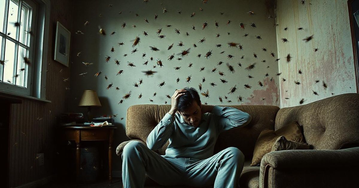 A man sits on a couch, surrounded by flies, illustrating the theme of "Addressing the Spiritual Aspects of Fly Infestations.