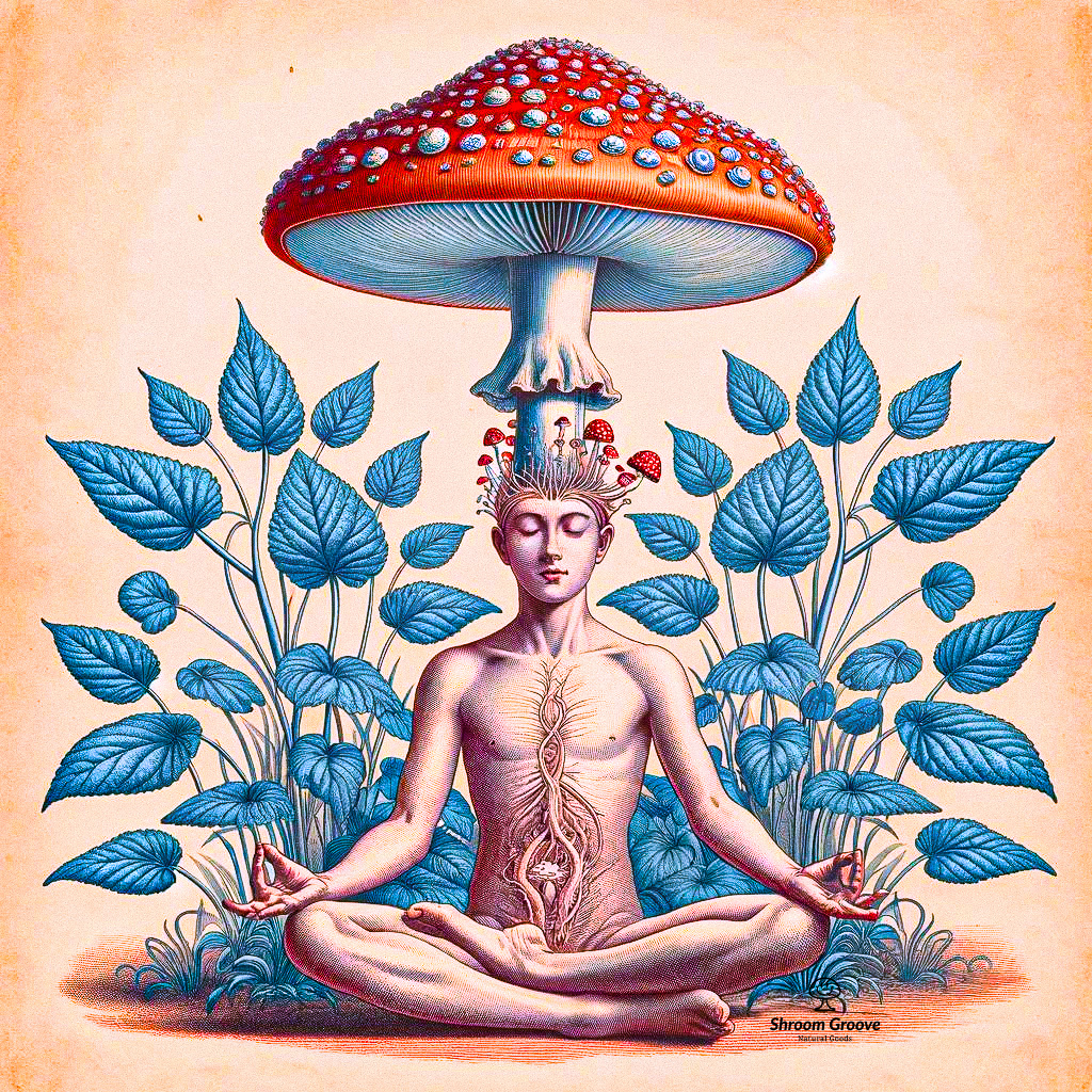 Man Meditating with a Large Psychedelic Mushroom