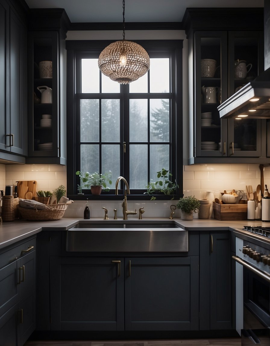 A dimly lit kitchen with foggy windows, showcasing 32 dark gray cabinets