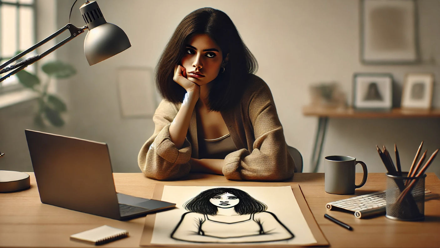 Frustrated woman sitting at a desk, struggling to create round characters for a story.