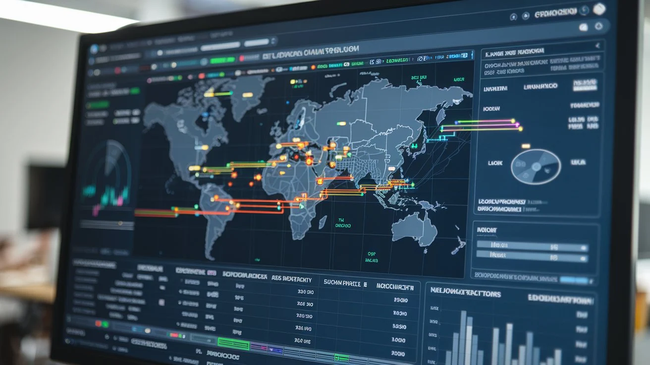 A computer screen showing real-time supply chain tracking via blockchain.