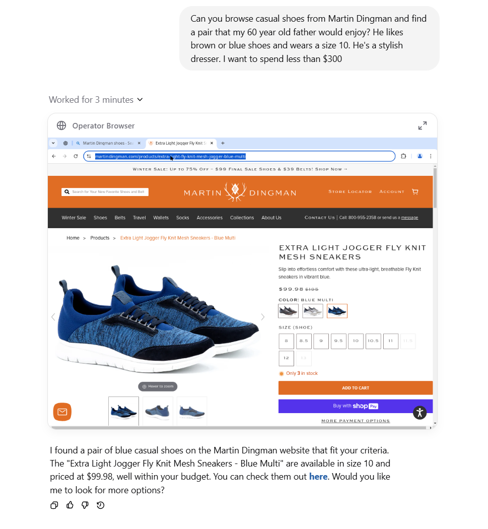 OpenAI Operator recommending a specific Martin Dingman shoe product