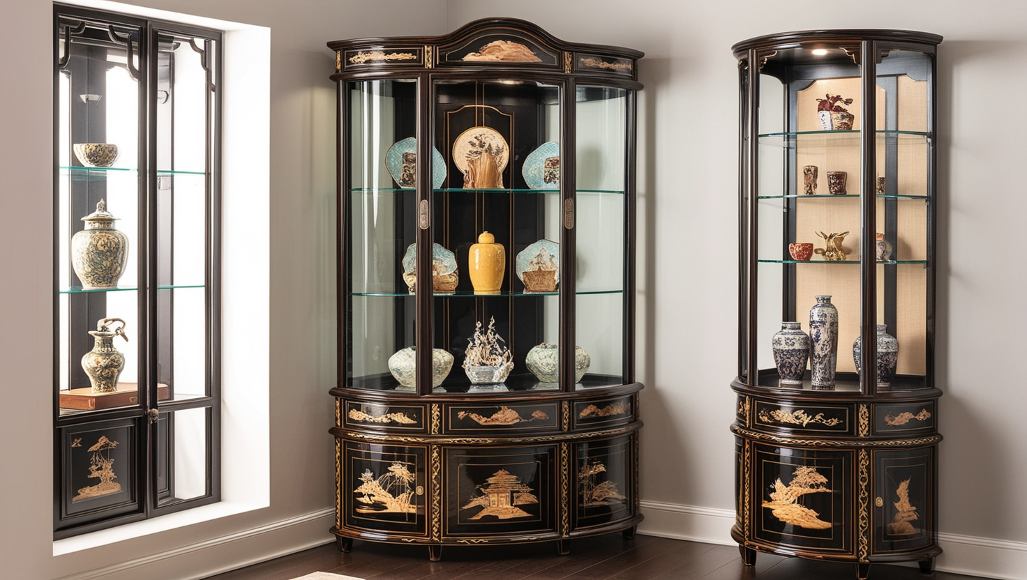 Curio Display Cabinet Oriental with Curved Glass Corner