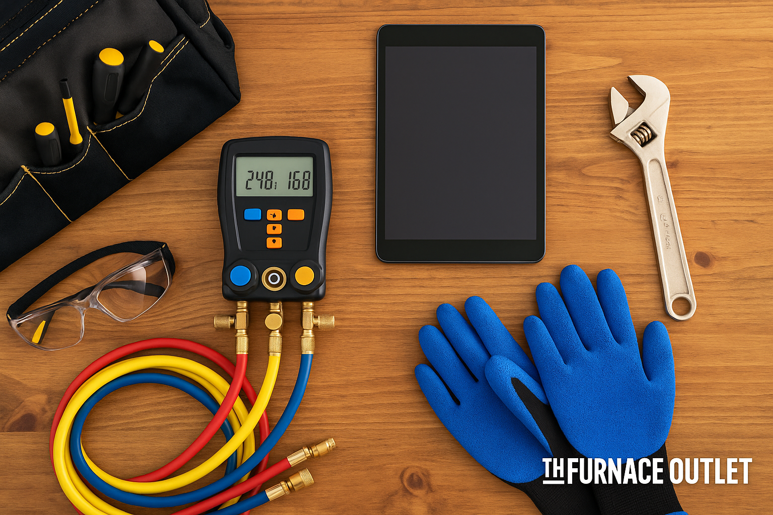 A digital photograph displays HVAC (Heating, Ventilation, and Air Conditioning) technician tools, including a digital manifold gauge with color-coded hoses, a tablet for IoT system diagnostics, a durable wrench, safety goggles, and blue protective gloves—all arranged on a wooden surface beside a black tool bag. The Furnace Outlet branding is shown at the bottom right