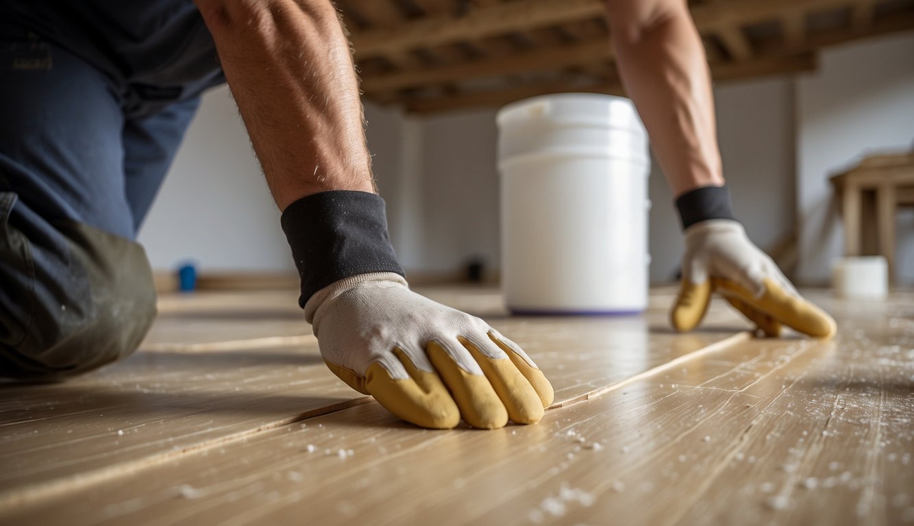 A worker applies adhesive primer to a clean wood subfloor before installing SPC flooring