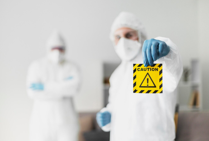 Techniciens en tenue de protection intégrale tenant un panneau « caution » lors d’une intervention liée aux risques de contamination HAP.